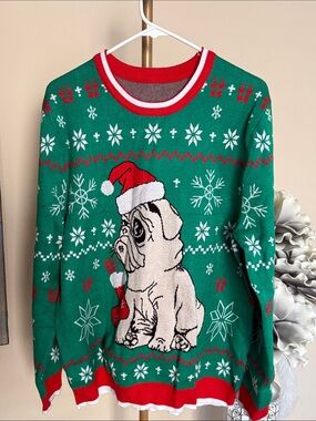 Source Unknown Green Pug Holiday Crewneck Sweater with Red Trim